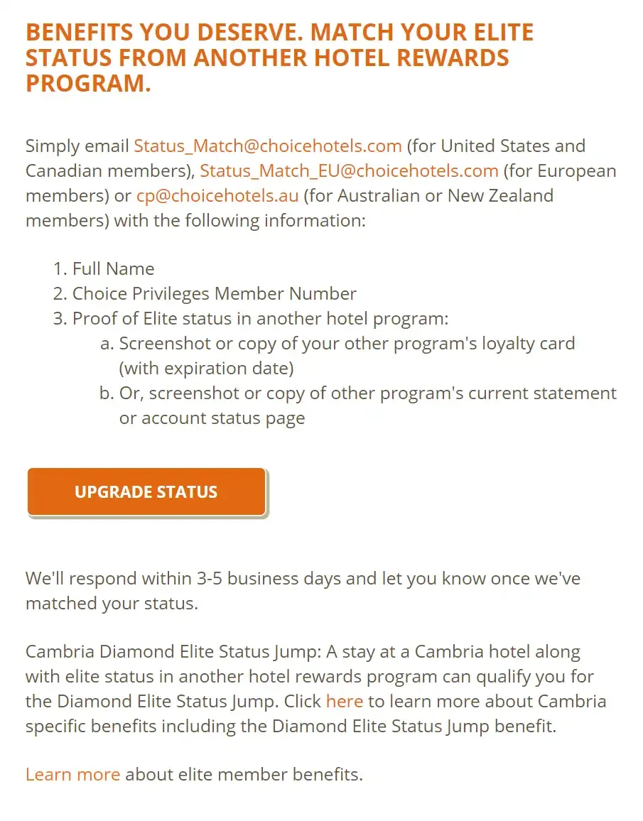 Choice Hotel Status Match Email